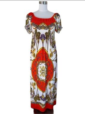 MAGIC Smocked Elastic Bodice Short Sleeve Kaftan Dress White Orange NWT - Sz S